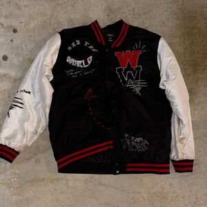 Black and White Varsity Jacket with Red Accents